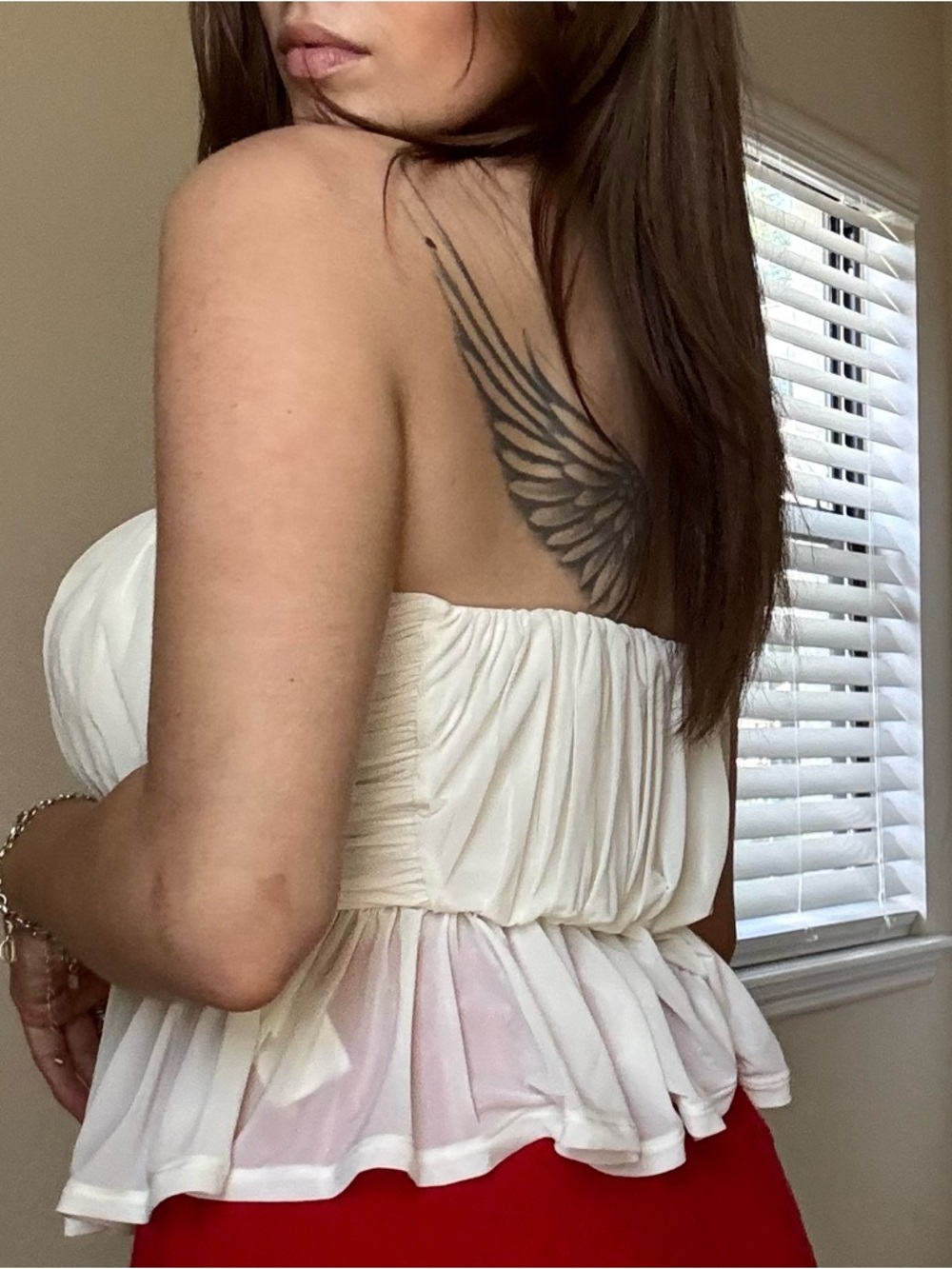 Express Strapless Ruched Peplum Top - Cream - Picture 5 of 5